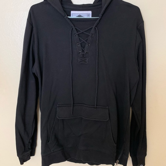 black lace up pocket front hoodie - Picture 1 of 5